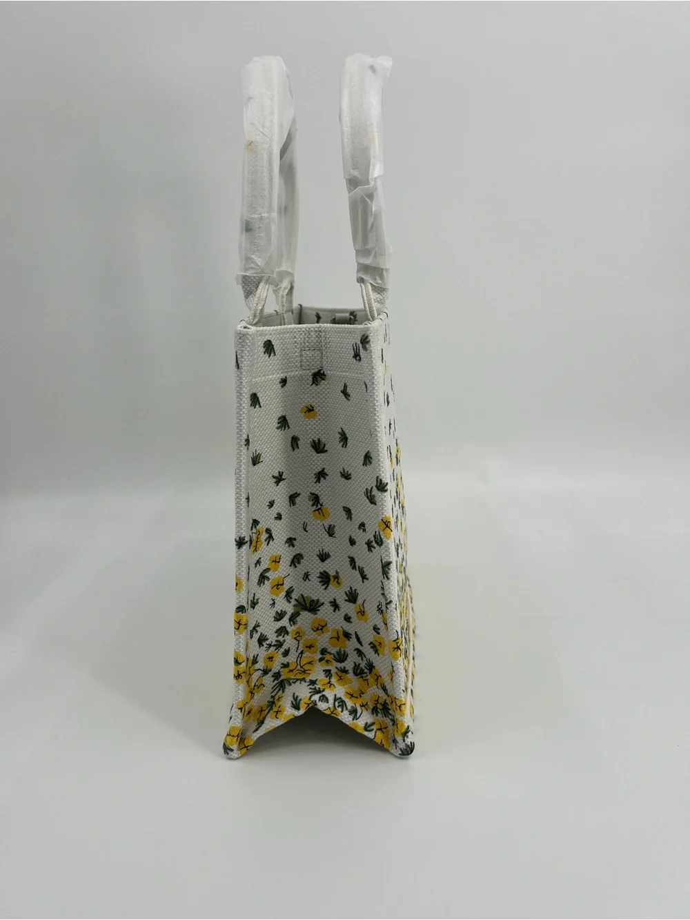 Medium Canvas White Floral Embroidered Book Tote with Yellow Accents